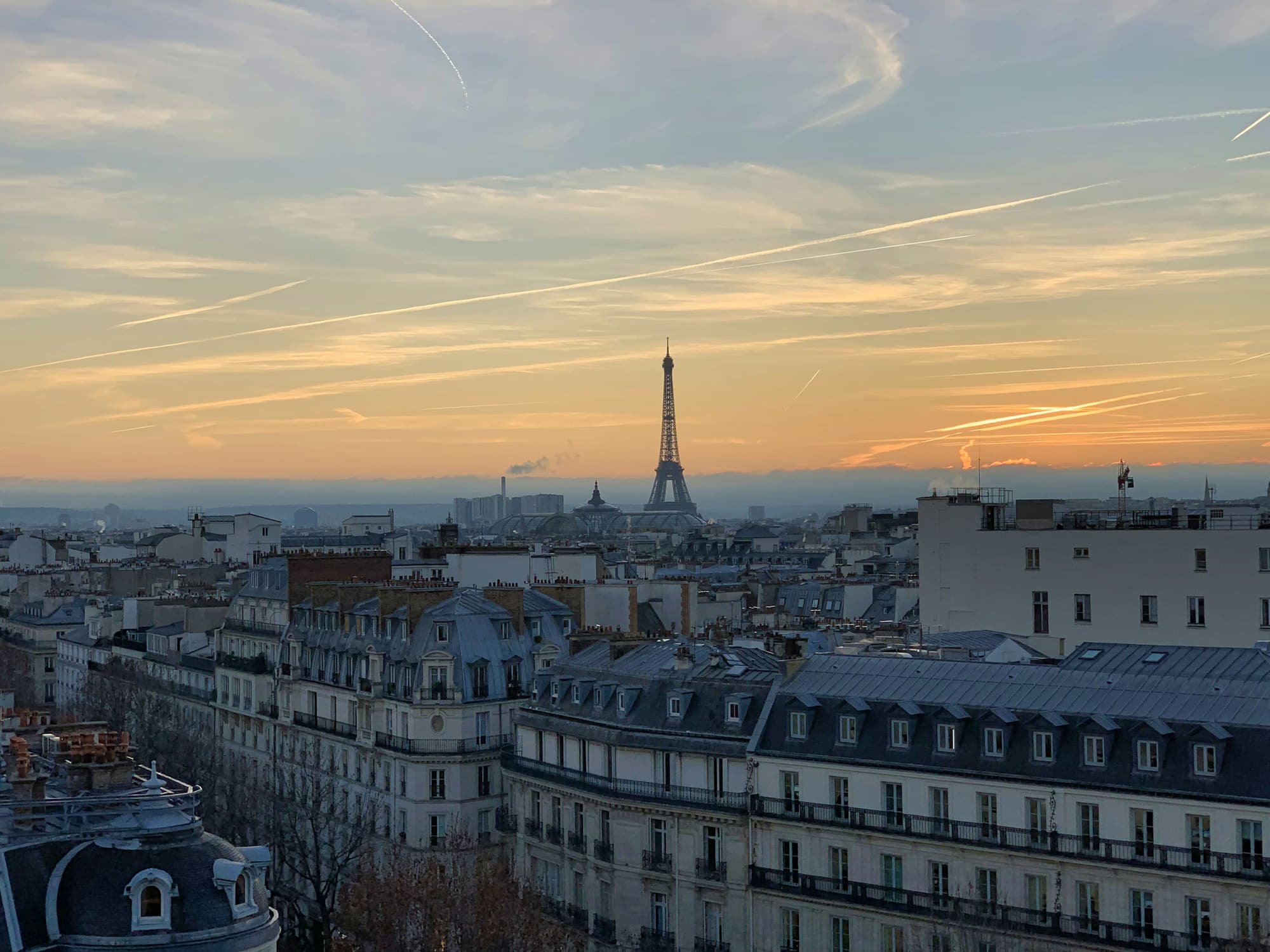 Paris rooftops with the Eiffel Tower in the distance